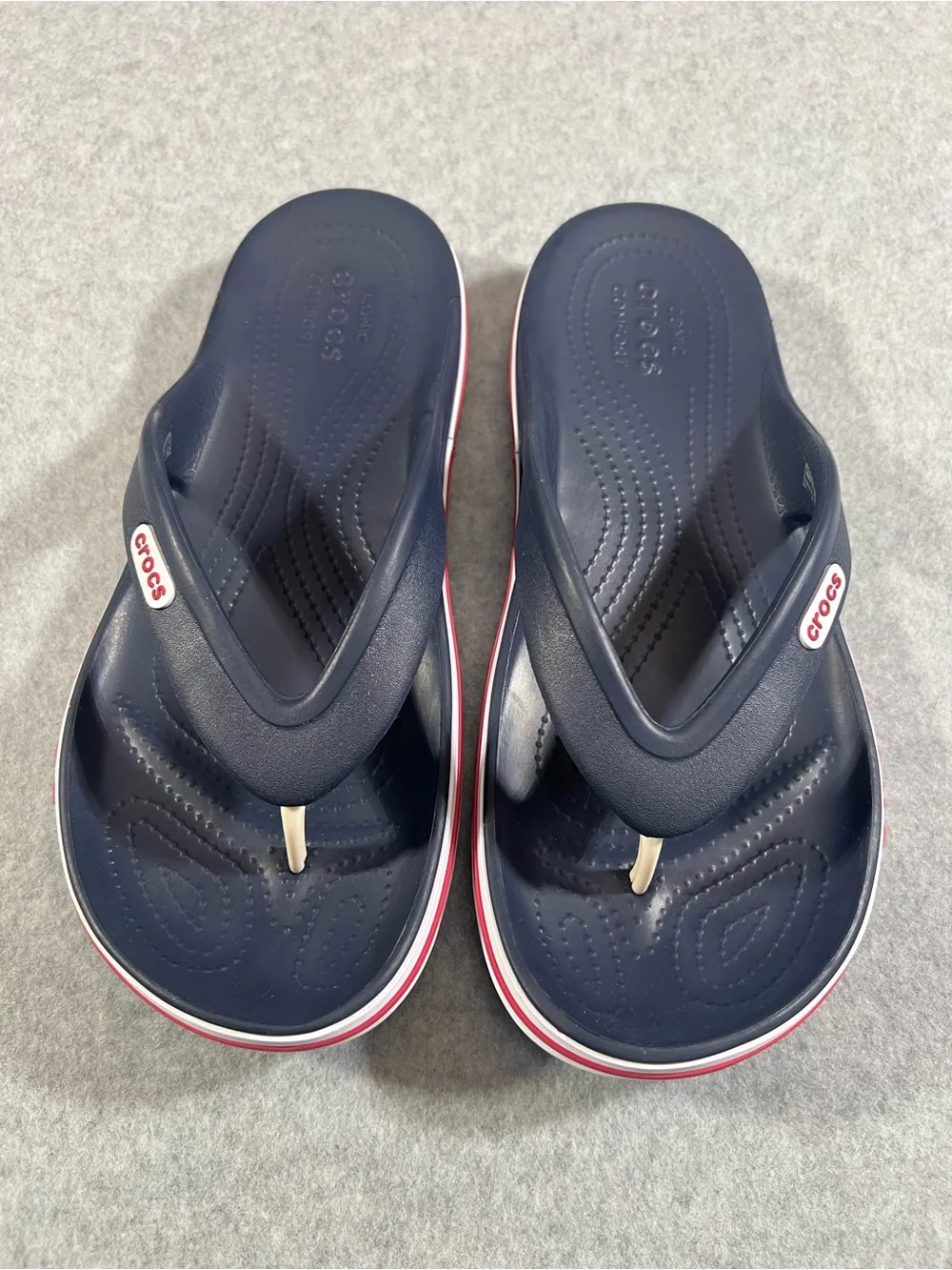 CROCS Men’s Navy Flip-Flop Sandals with Red & White Trim